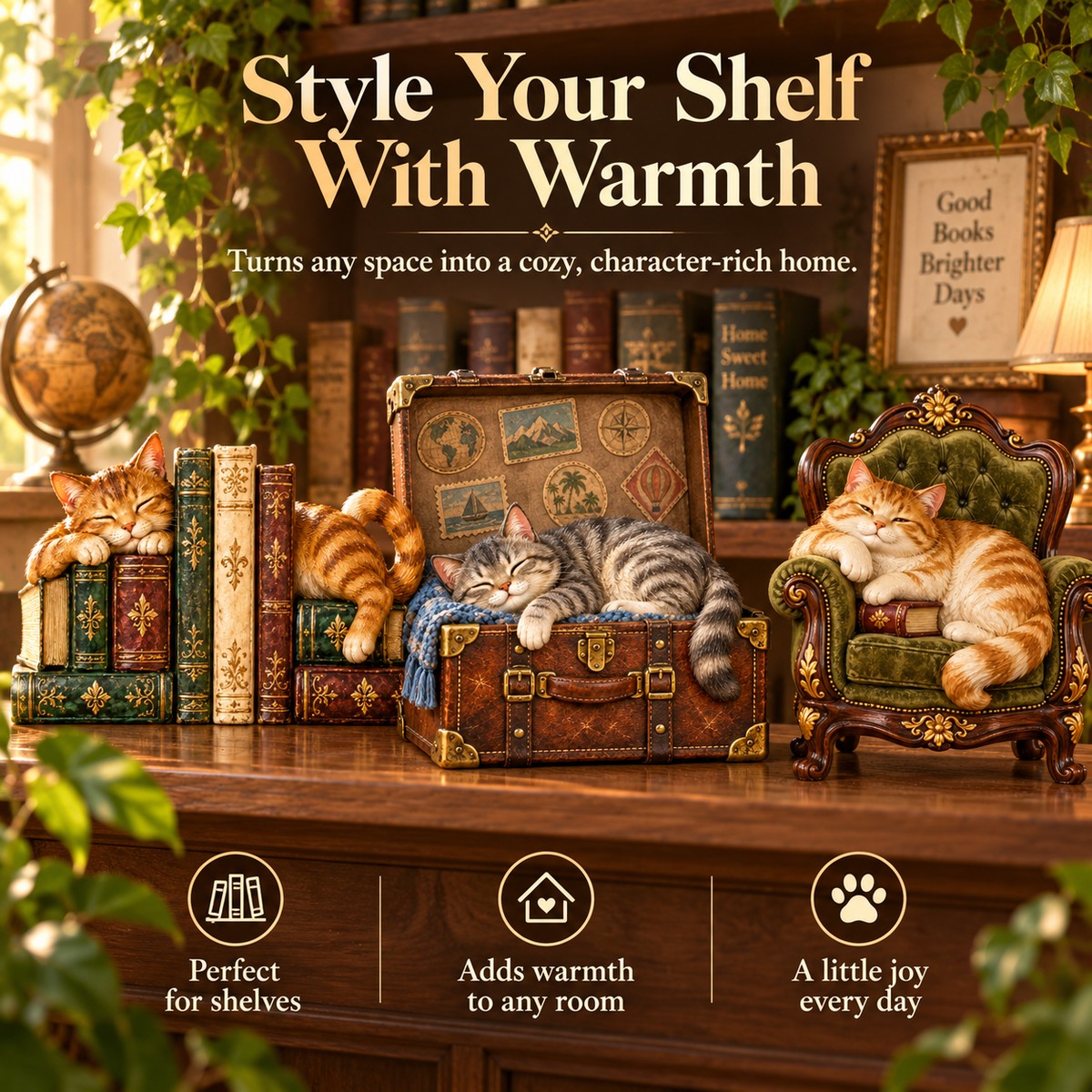 Vintage sleepy cat pieces styled on a shelf