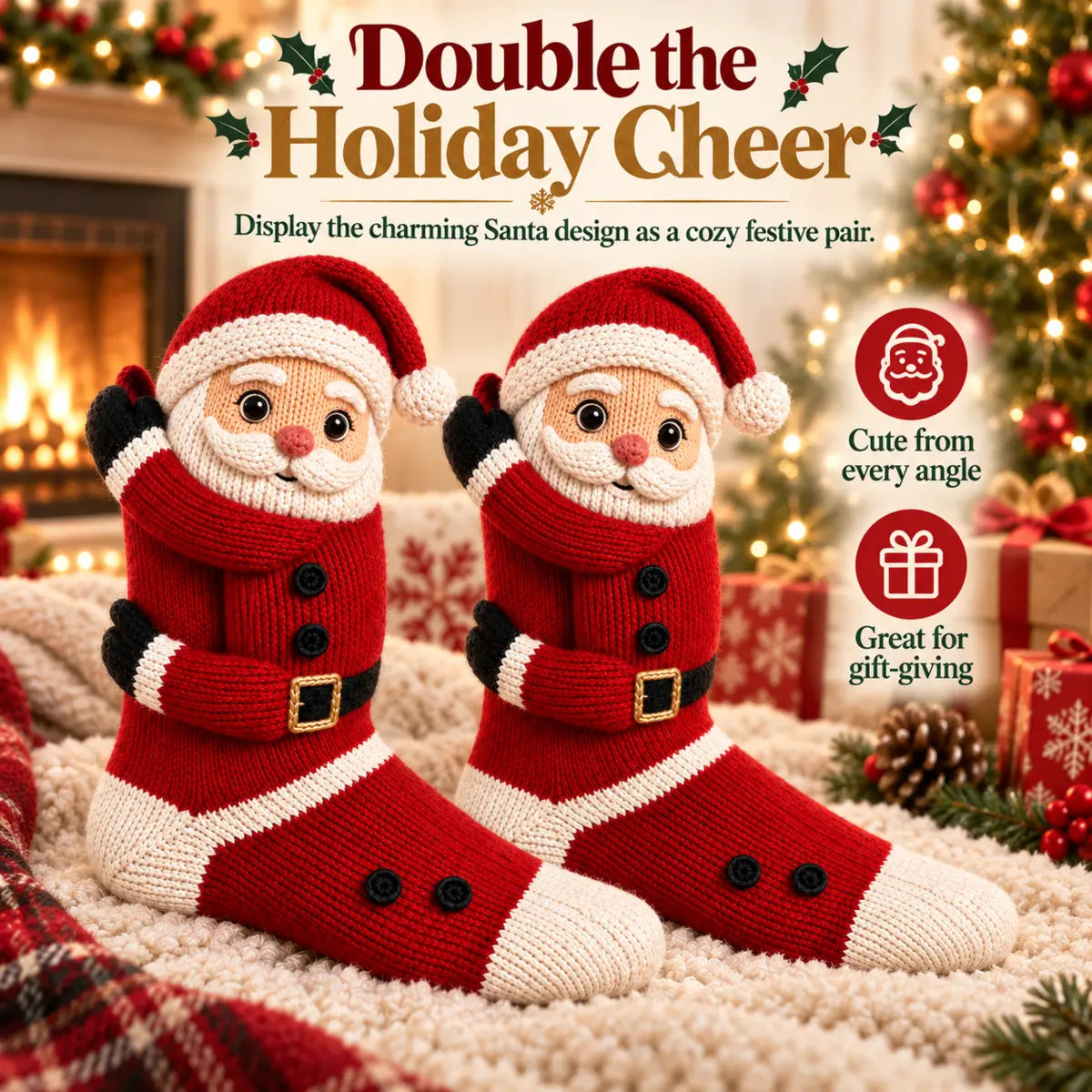Matching pair of dimensional Santa knit Christmas socks