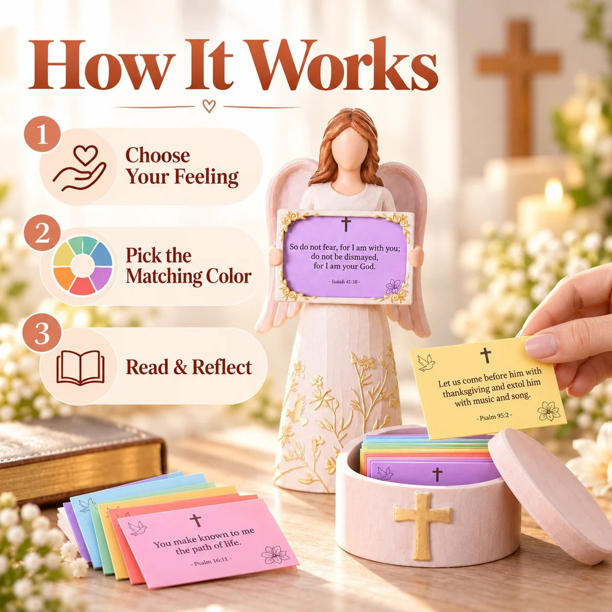 🙏✨Hand-Crafted Angel Figurine with Color-Coded Bible Verse Cards & Storage Box 🕊️