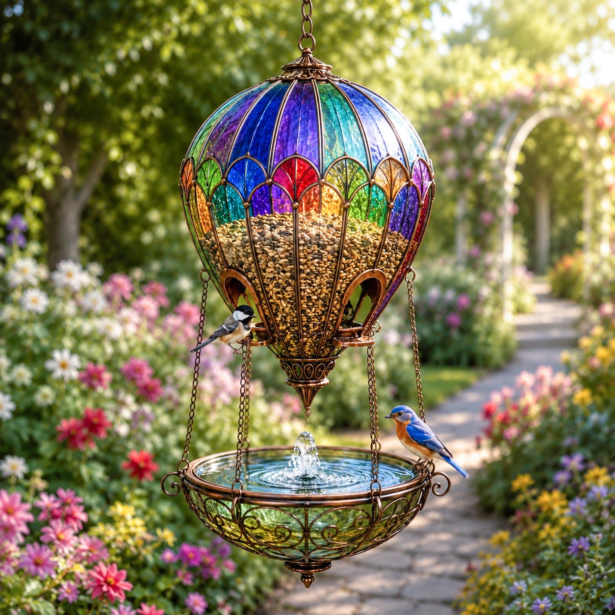 Vintage colorful balloon bird garden scene