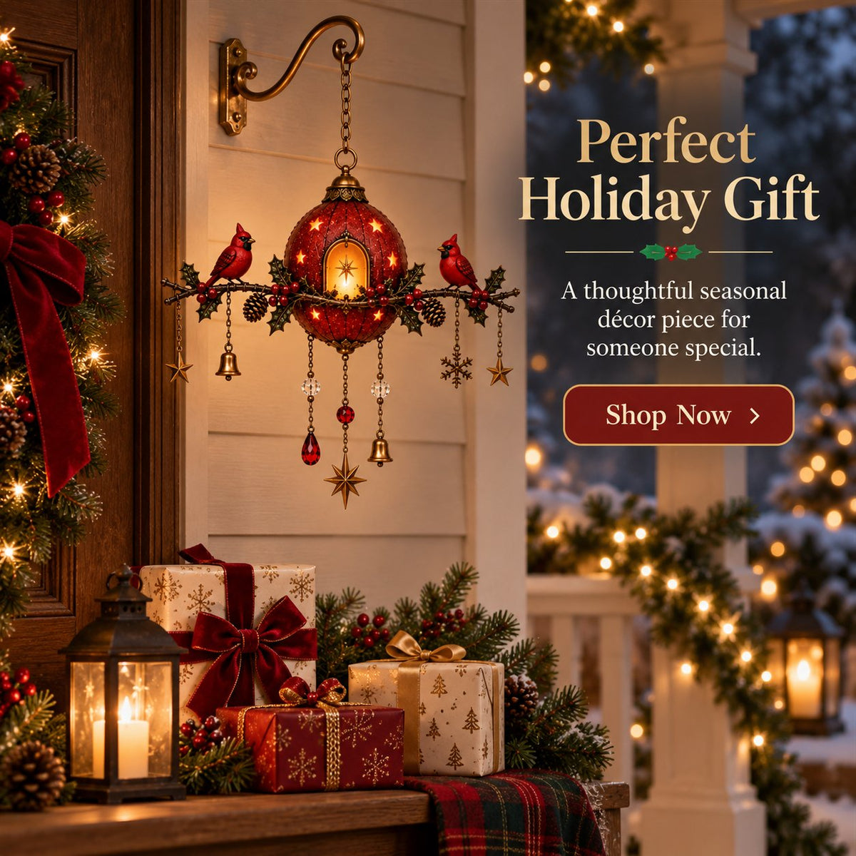 Illuminated Christmas hanging ornament with red cardinals – Festive wall decoration with warm light