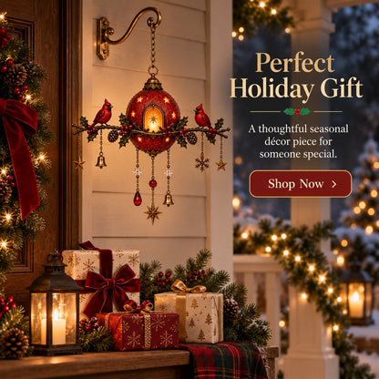 Illuminated Christmas hanging ornament with red cardinals – Festive wall decoration with warm light
