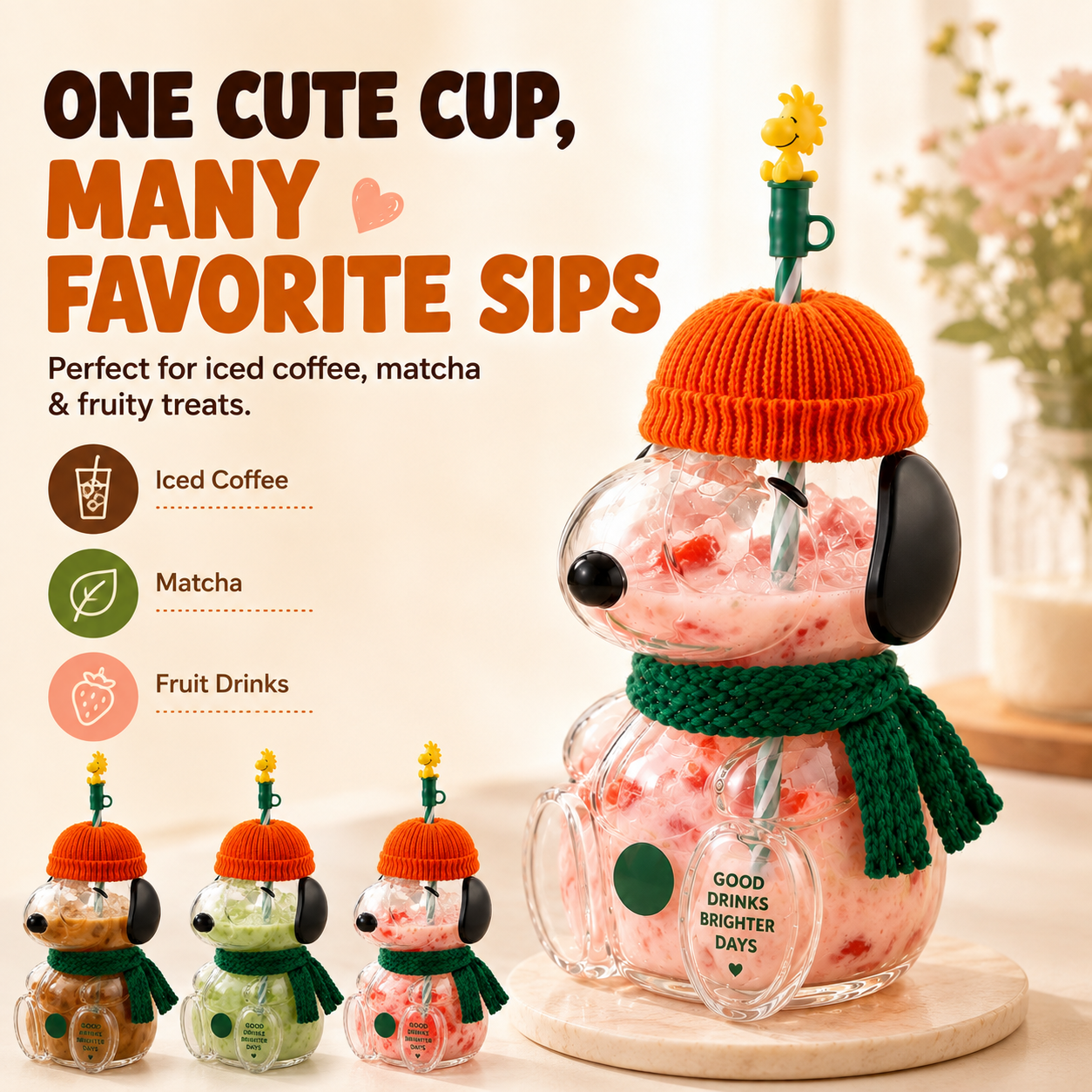🥤🍂 Cozy Character Glass Tumbler – 3D Cold Drink Cup for Matcha, Coffee & More
