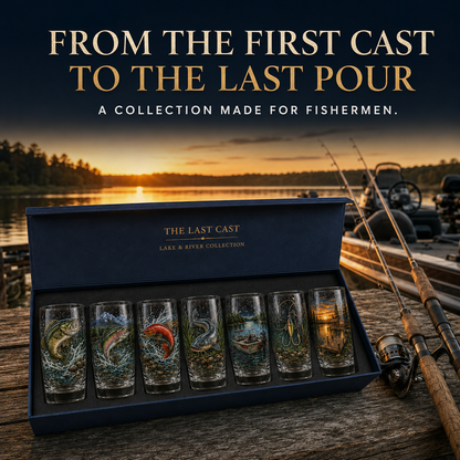 ✨🎣 The Last Cast Fishing Pint Glass Collection – 7 Unique Angler Designs & Gift Box