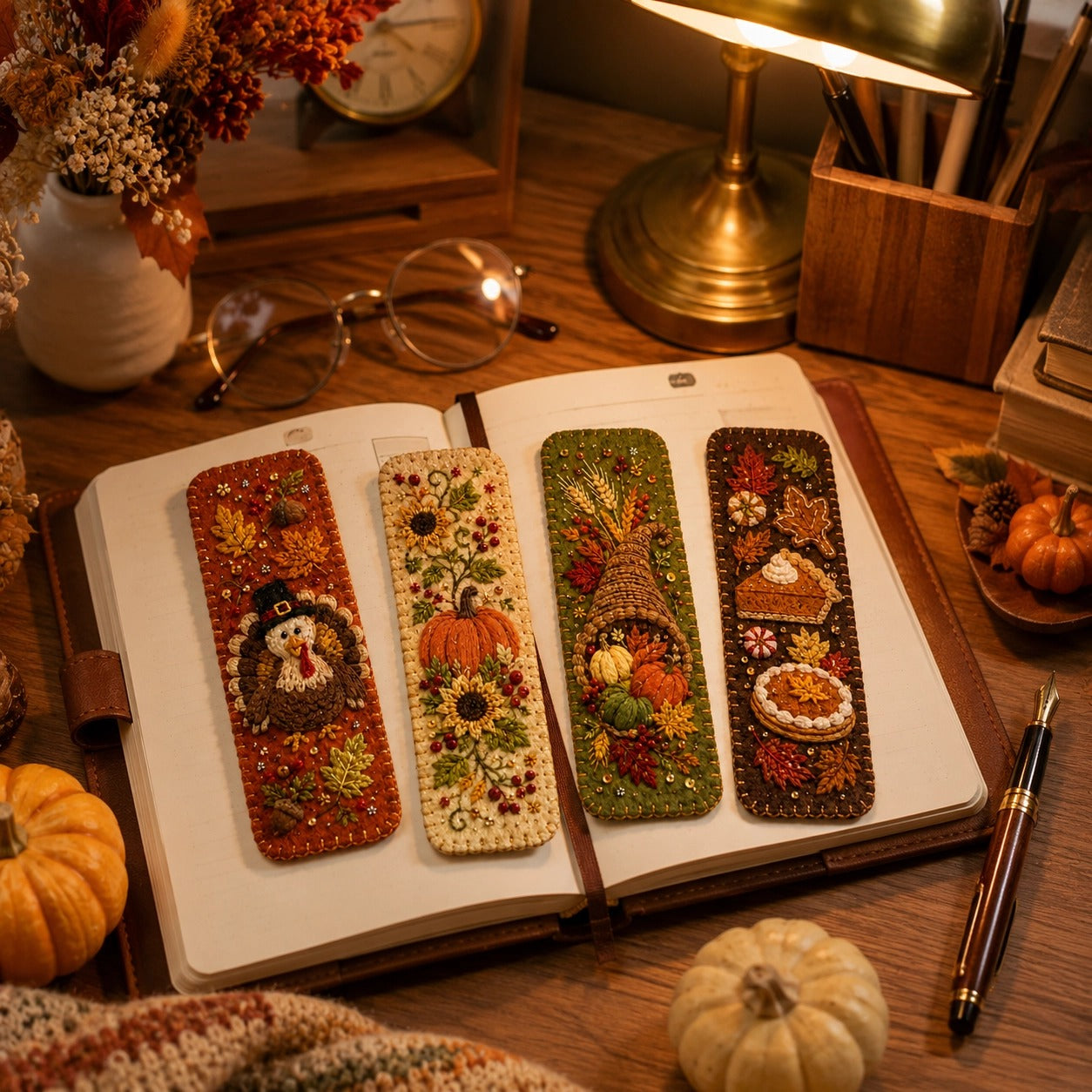 🍁 4-Piece Thanksgiving Embroidered Felt Bookmark Set