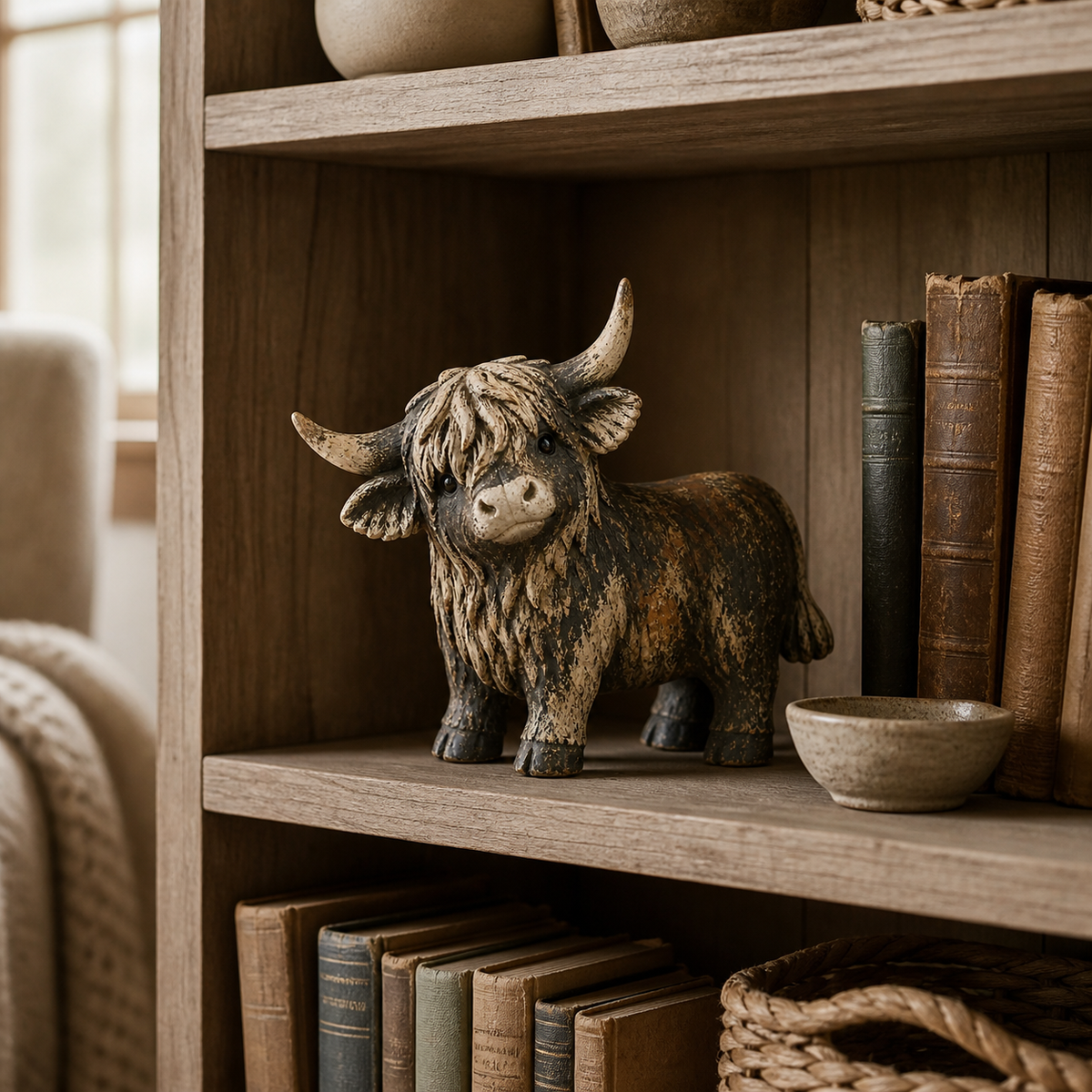 Highland cow figurine displayed among vintage books on a shelf