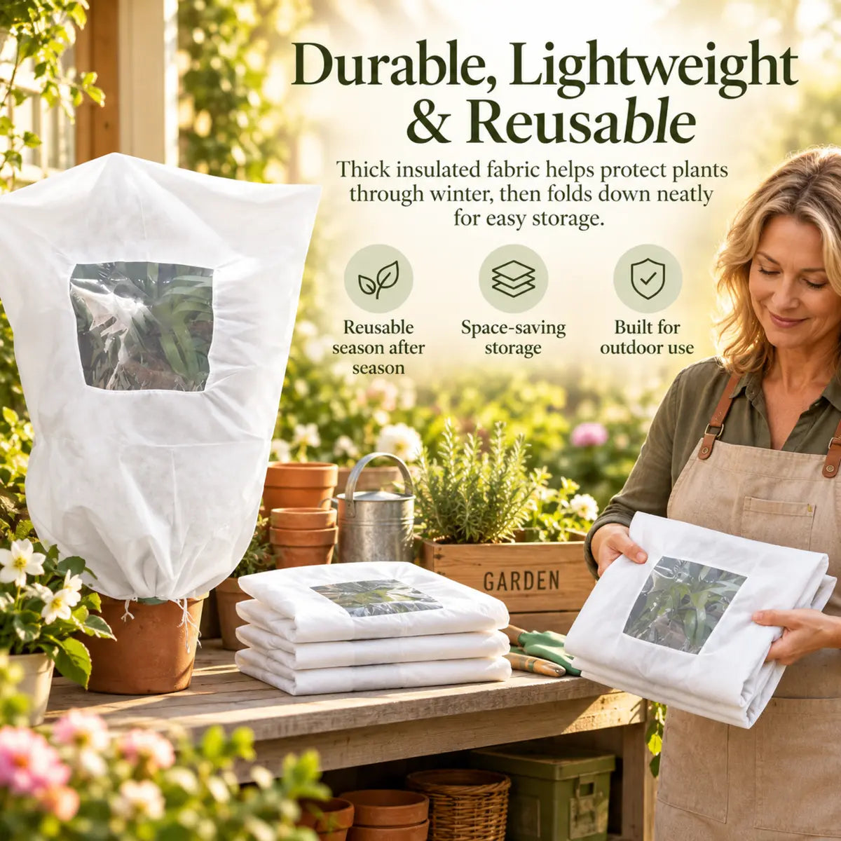 Reusable plant covers folded for compact storage
