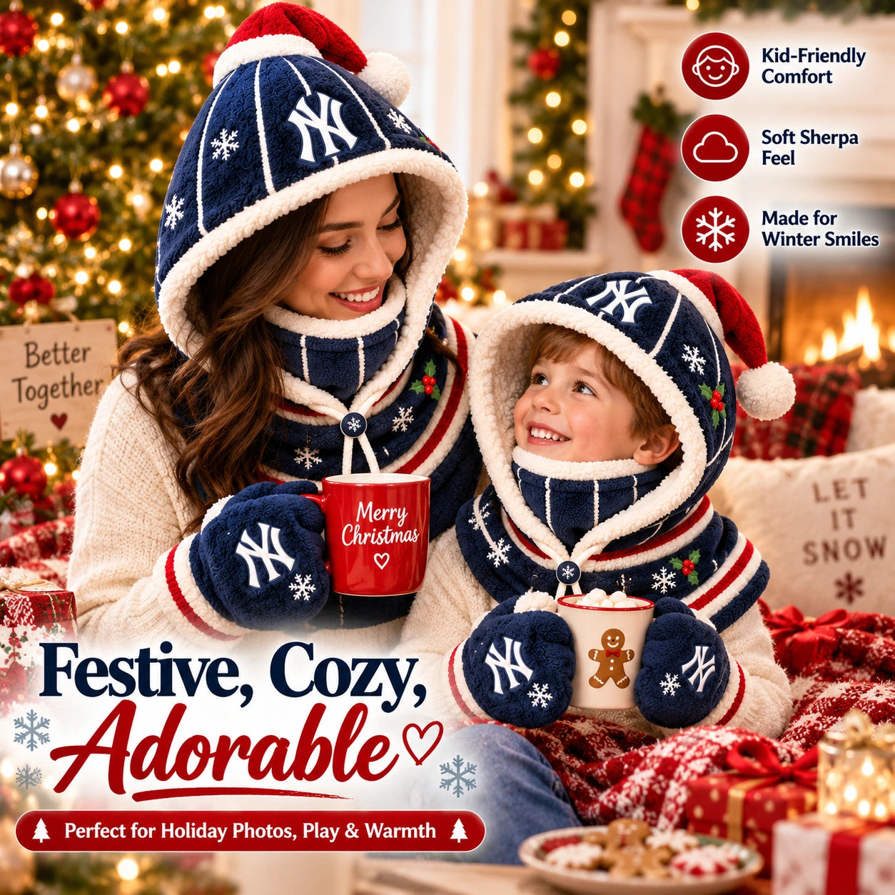 Coordinating adult and child outfits in a Christmas living room