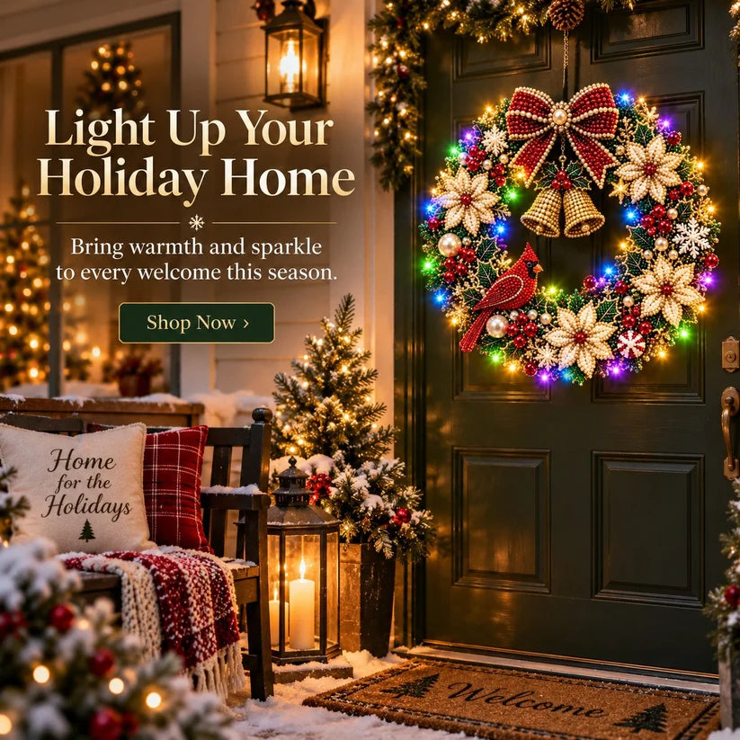Christmas wreath displayed on a decorated front door