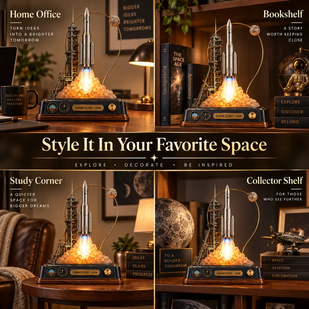 Four ways to style the rocket display in a home office, bookshelf, study and collector shelf