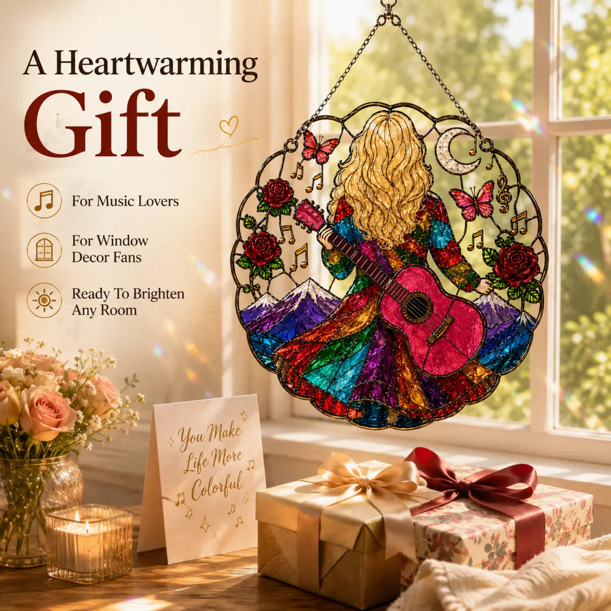 Country music inspired suncatcher displayed beside a wrapped gift