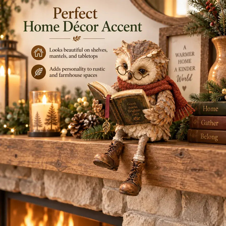 Reading owl figurine styled on a festive rustic mantel