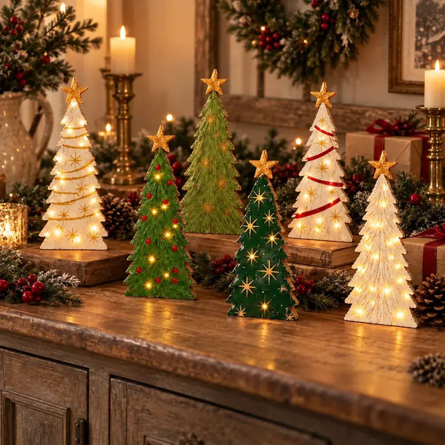 Customer-style photo of six lighted wooden trees on a Christmas mantel