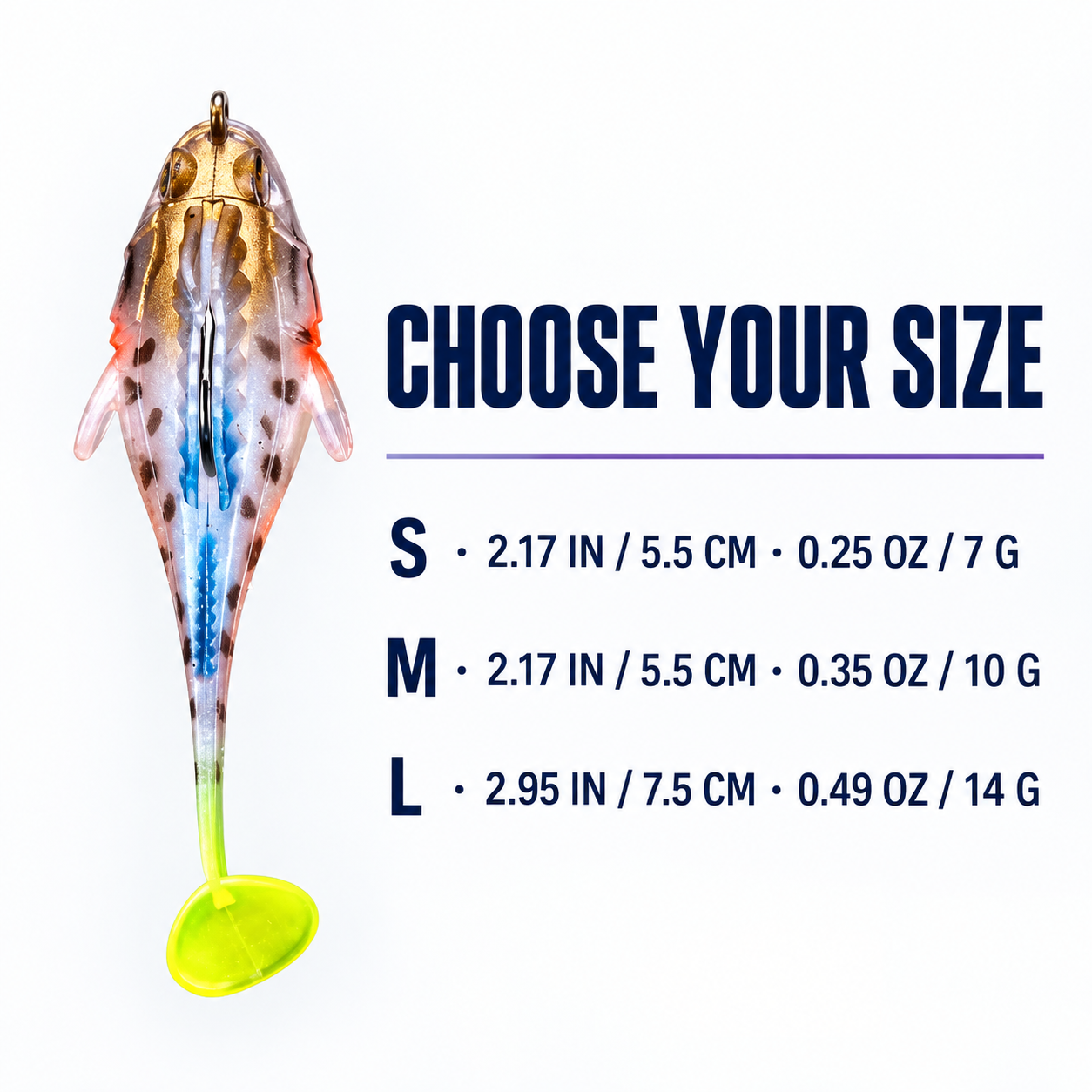 Size guide for S, M, and L T-tail lures