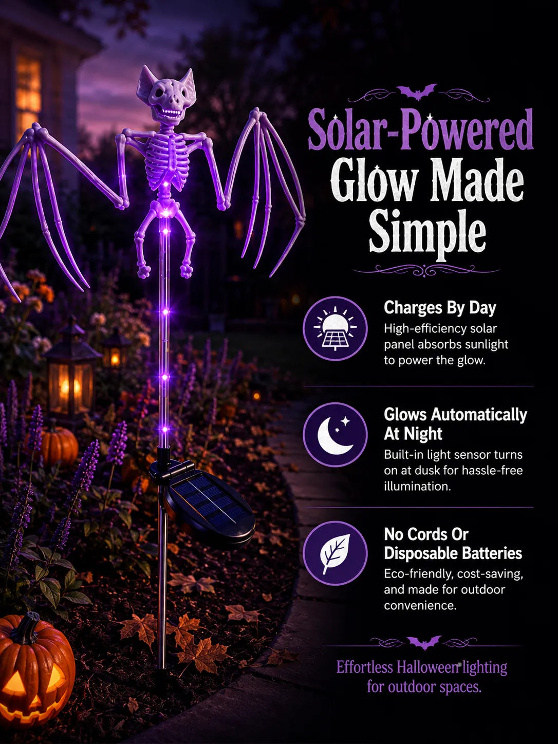Solar-powered bat skeleton Halloween stake light features