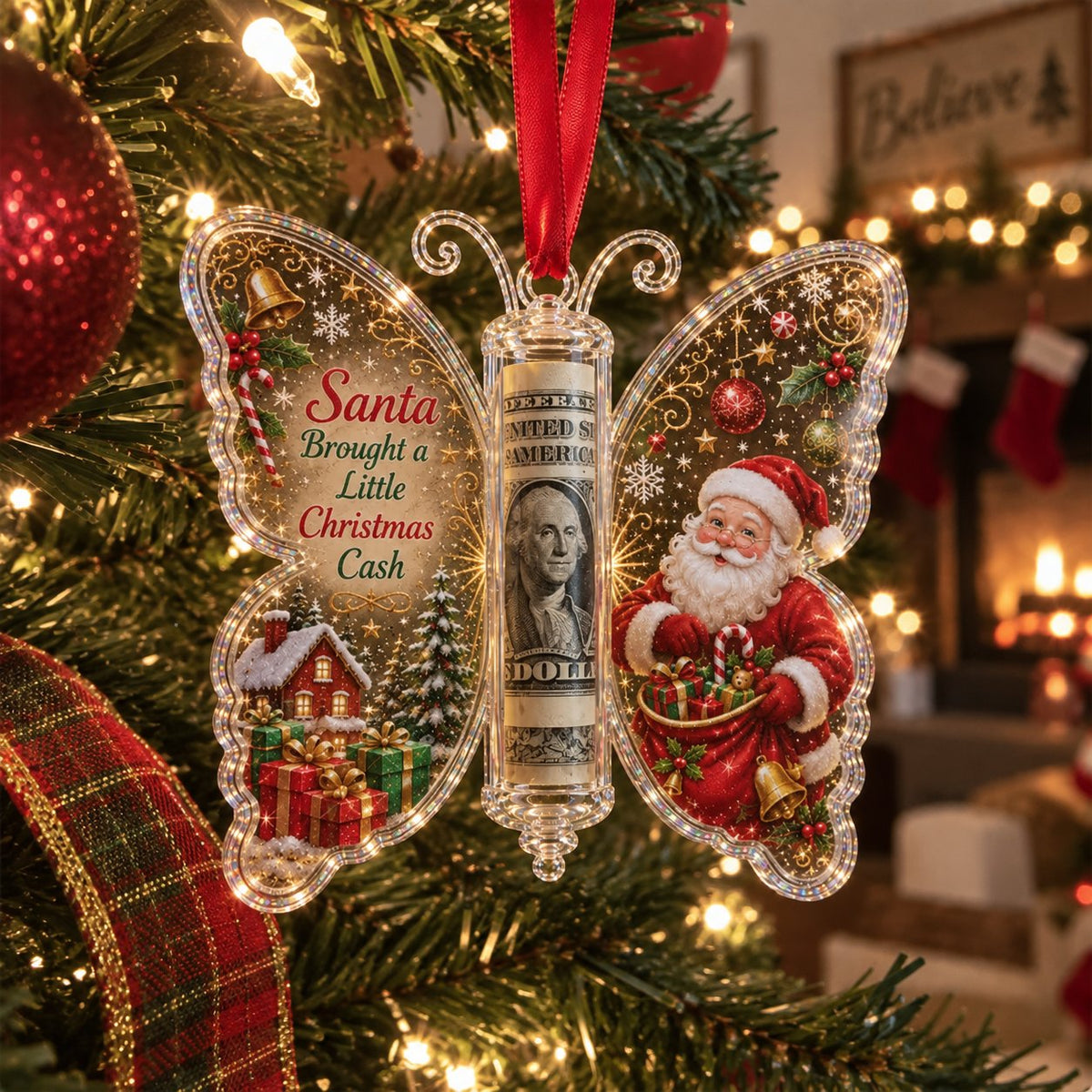 🦋💵 Embossed Butterfly Christmas Cash Gift Ornament – Holiday Money Holder Keepsake 🎄✨