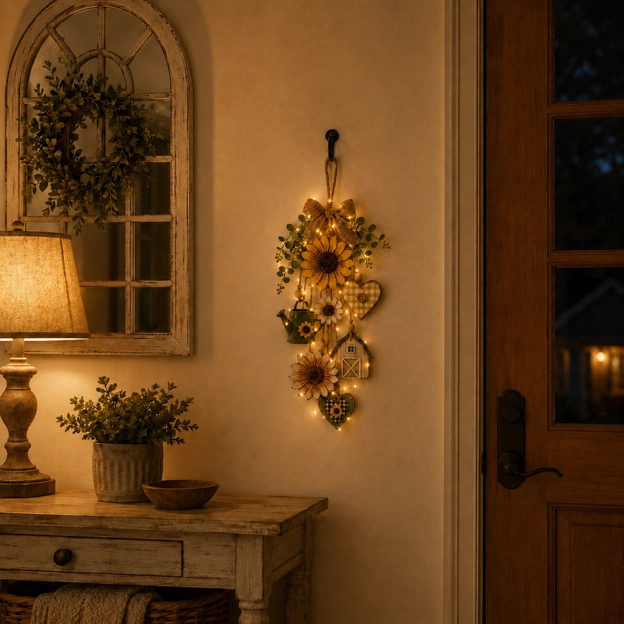 🌻Rustic Wooden Garden-Themed Hanging Ornament with Remote Control Fairy Lights