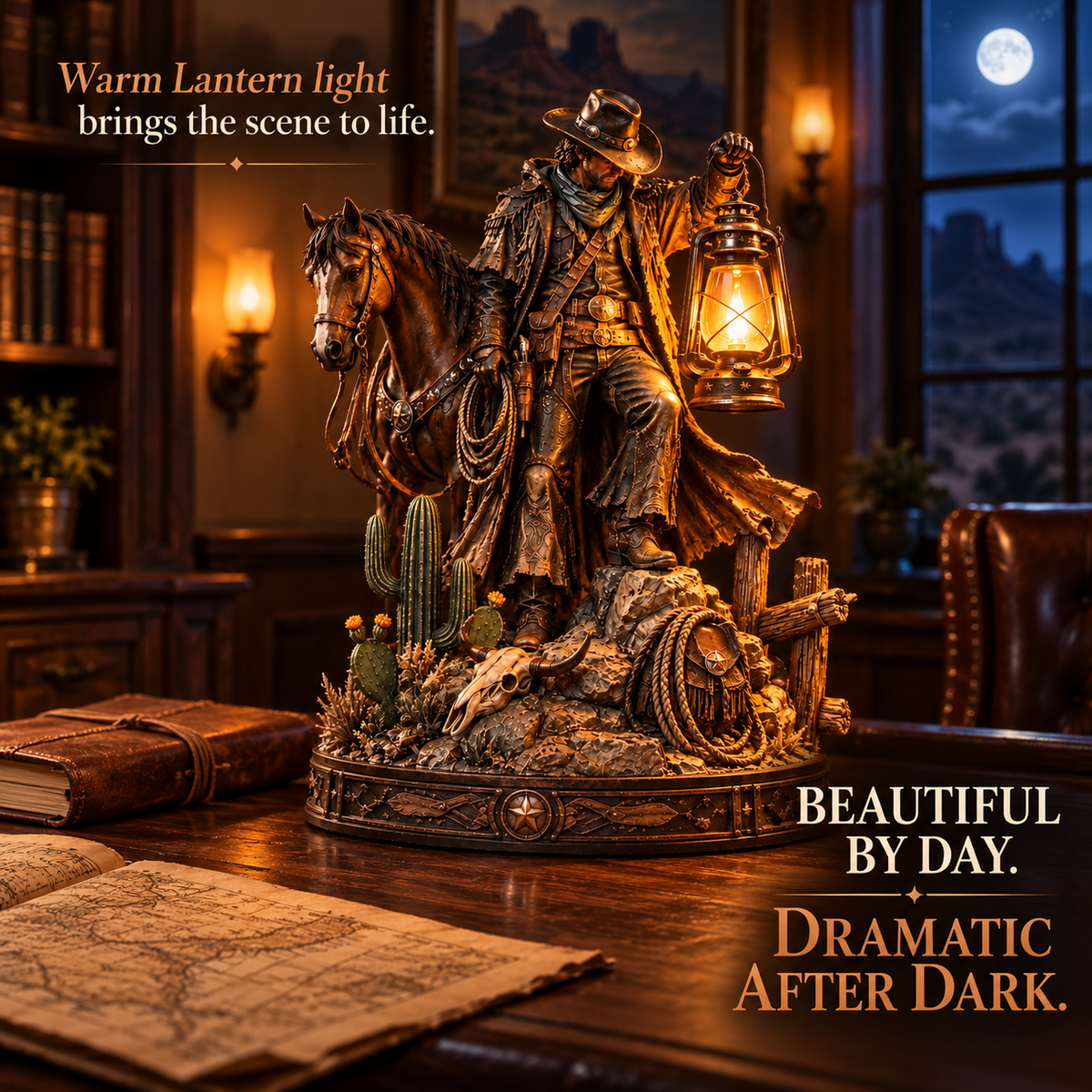✨Last Light of the Frontier – Western Rider & Horse Lantern Statue