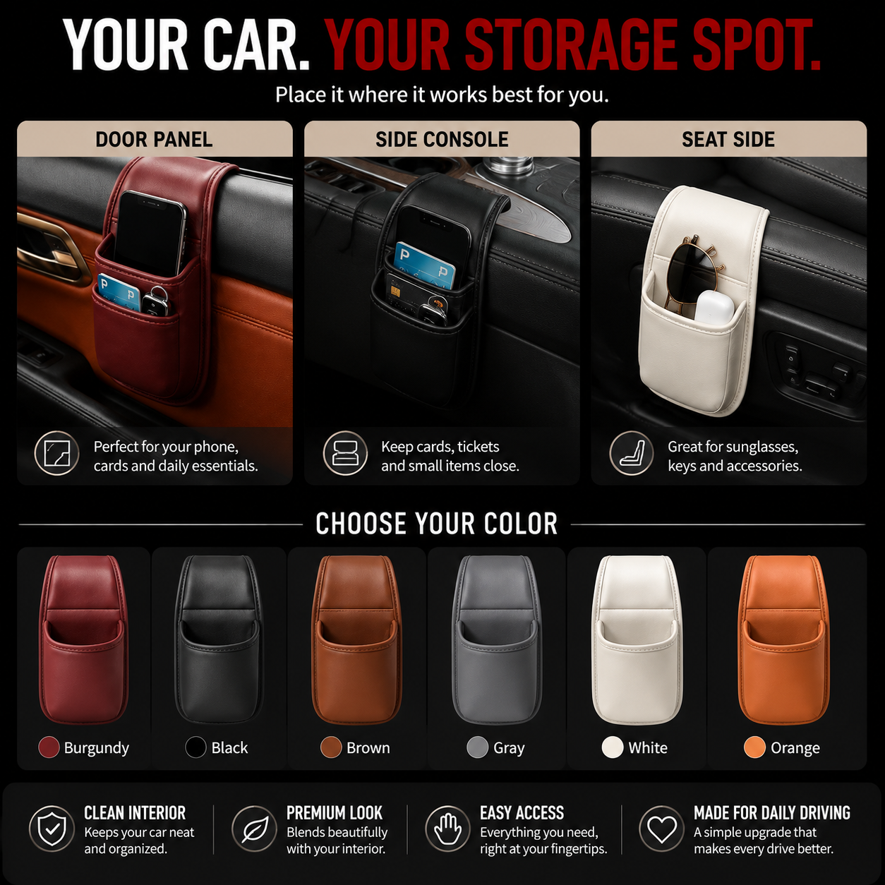 Car storage organizer positions and colors