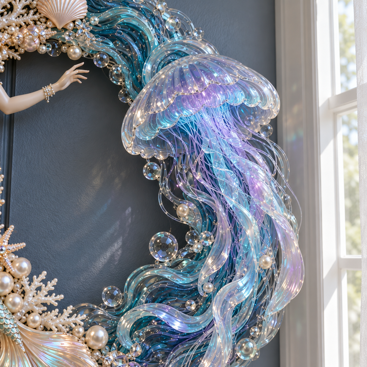Jellyfish lights shining on a coastal blue front door at night
