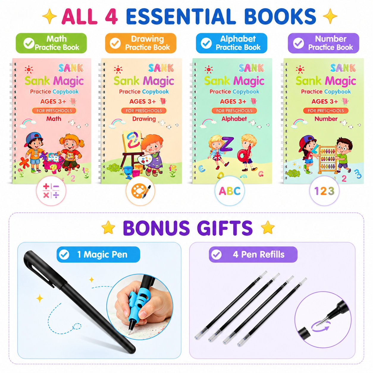 📚 Reusable Kids Handwriting Practice Set – 4 Learning Books with Magic Tracing Pen ✏️✨