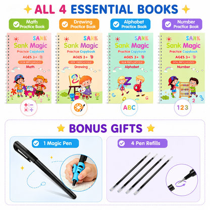 📚 Reusable Kids Handwriting Practice Set – 4 Learning Books with Magic Tracing Pen ✏️✨