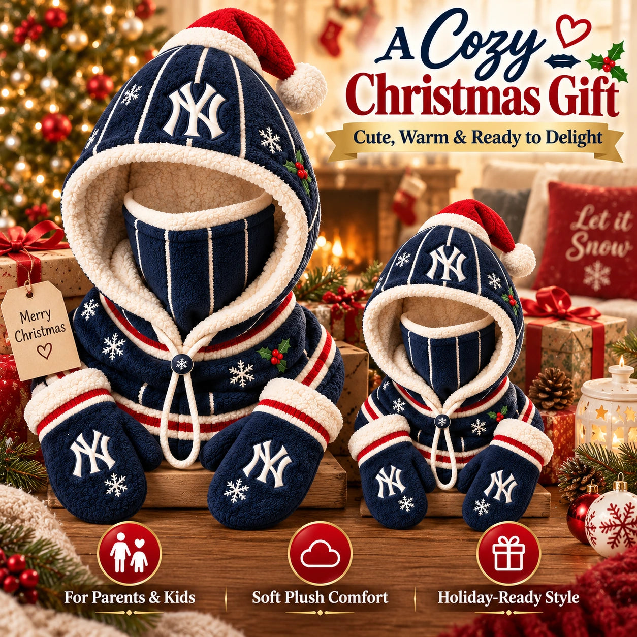 Adult and kid hood sets styled beside Christmas gift props