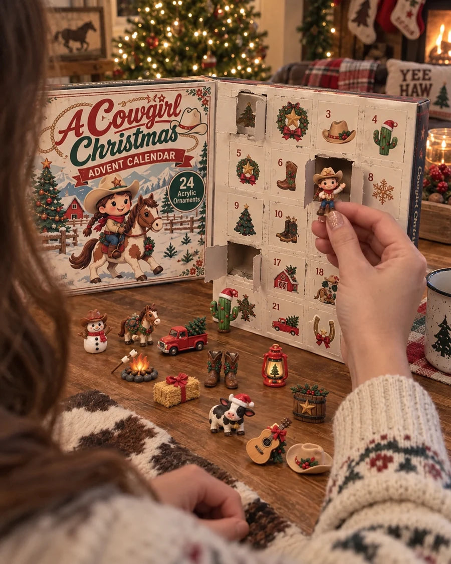 Customer opening a compartment from the Cowgirl Christmas advent calendar