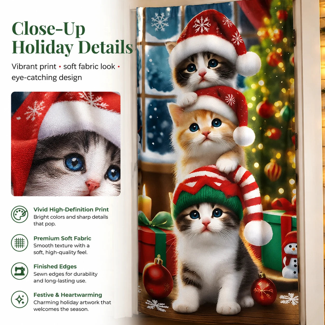 Close-up Christmas cat door curtain design