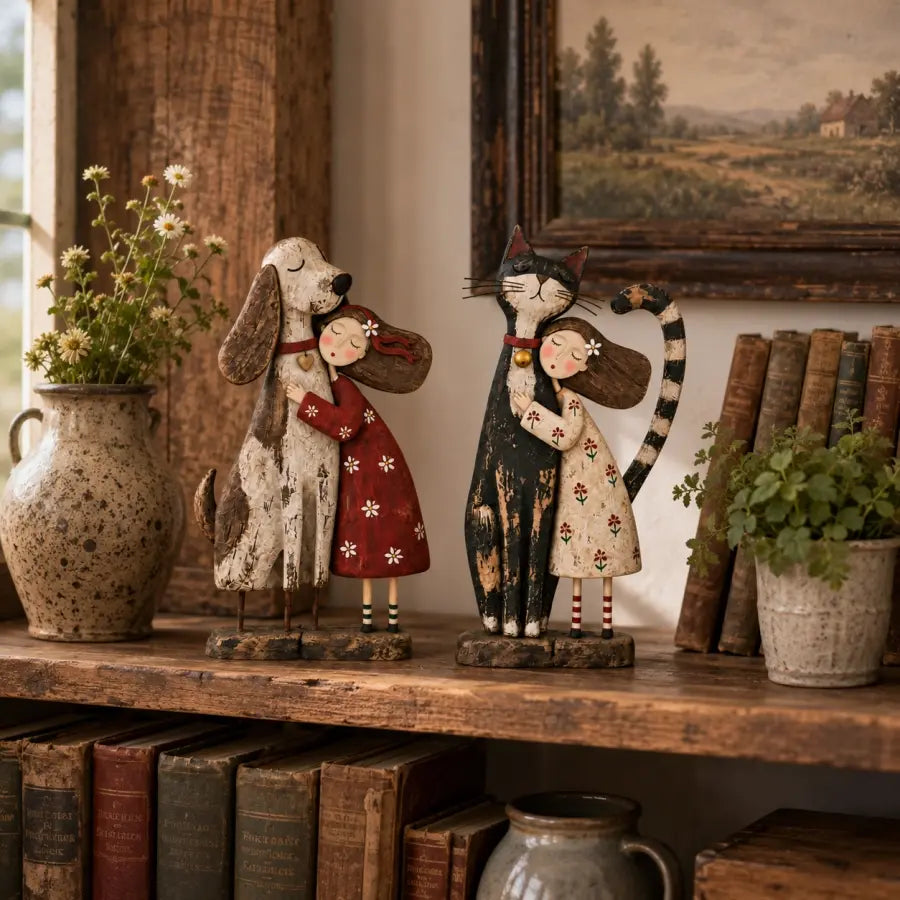 Both girl and best friend folk art figurines displayed together