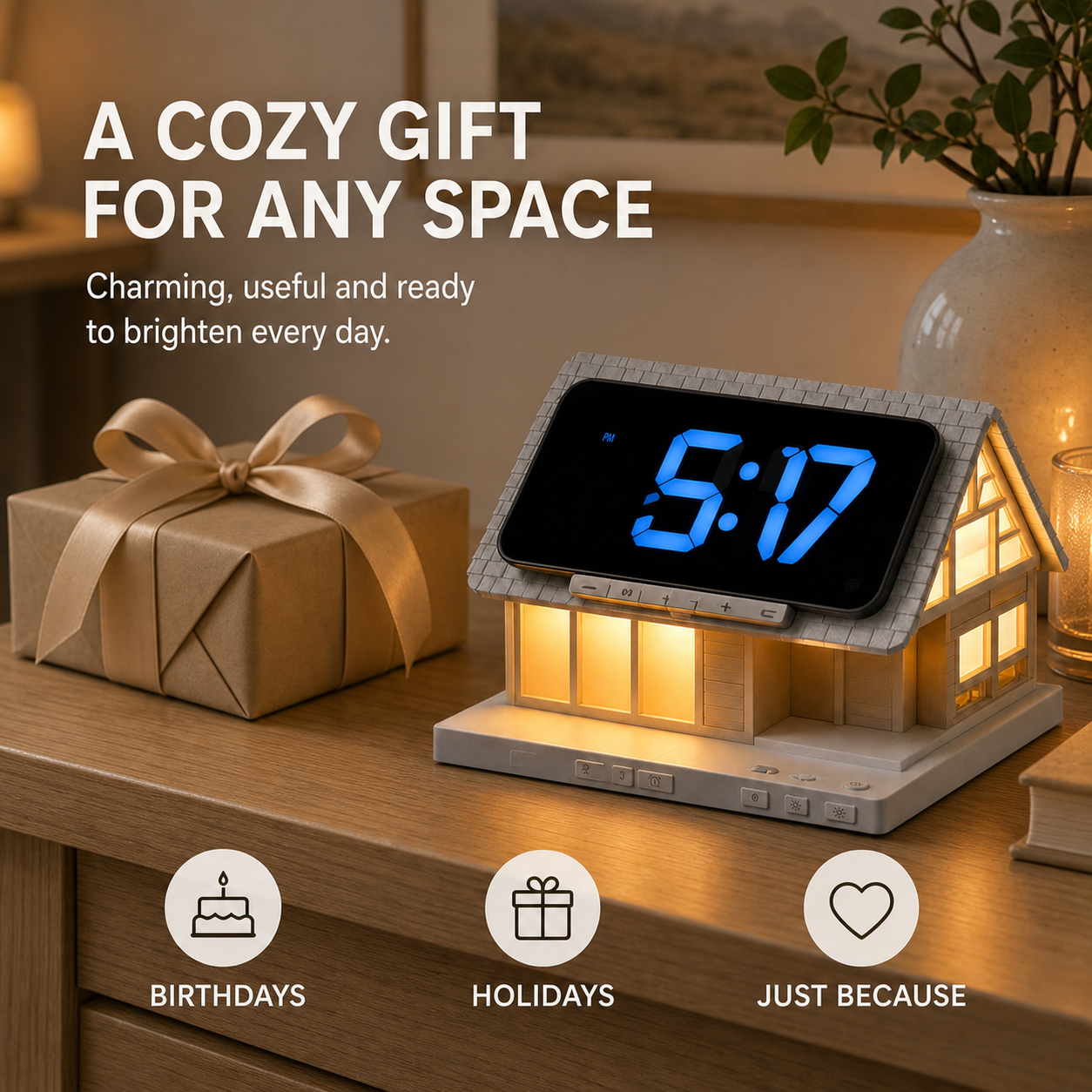 Cozy cabin alarm clock gift idea