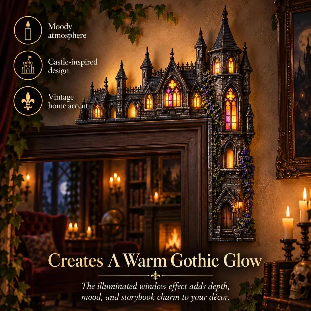Warm glowing gothic castle doorway decoration