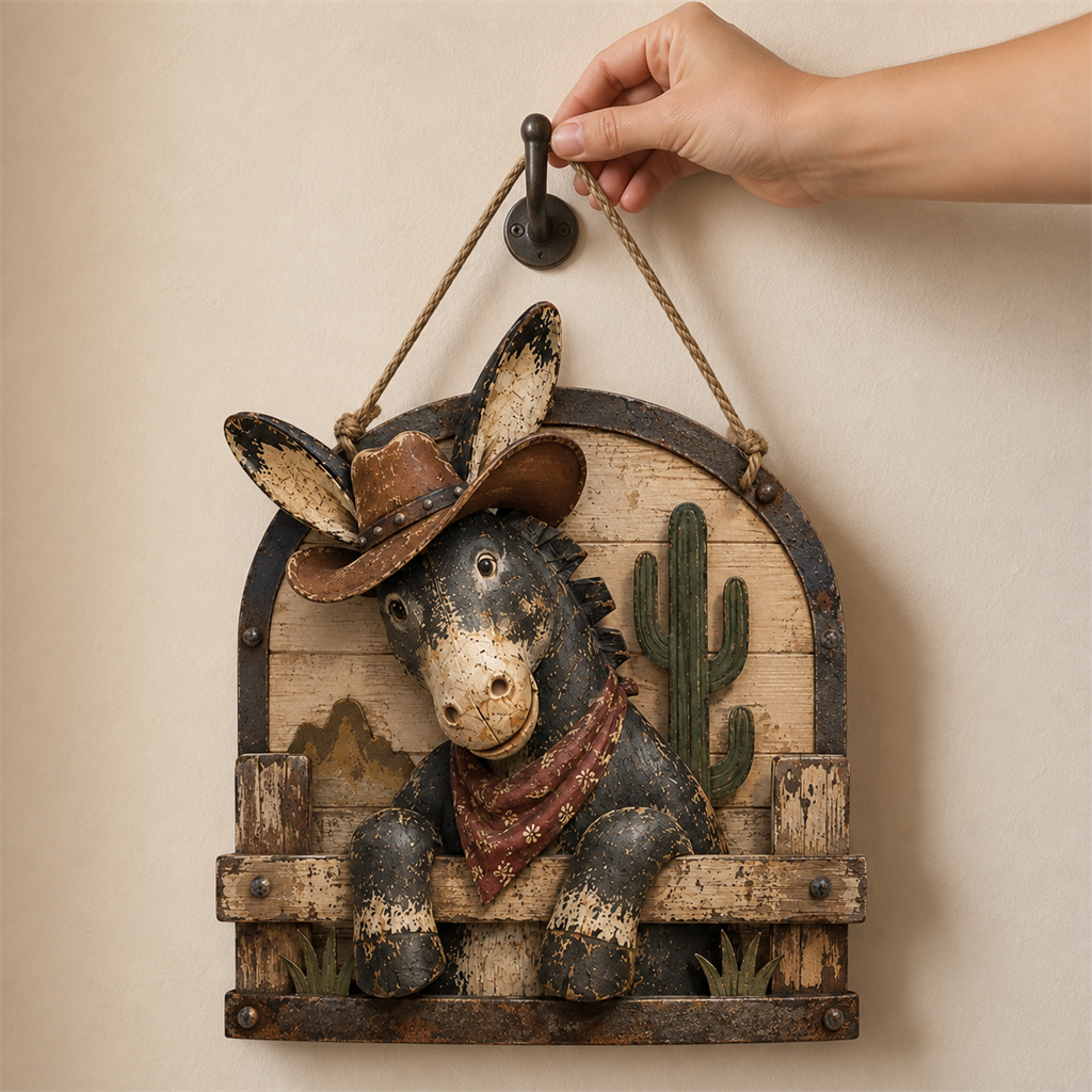 🫏🌵 Rustic Cowboy Donkey Wall Hanging – Western Farmhouse Décor & Country Keepsake