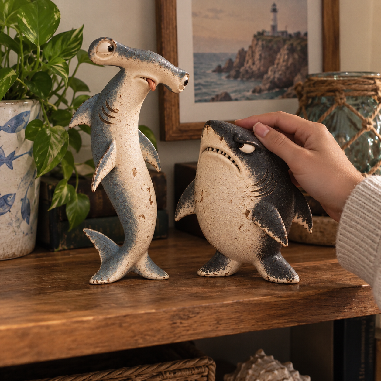 Customer styling The Odd Shark Duo on a wooden shelf