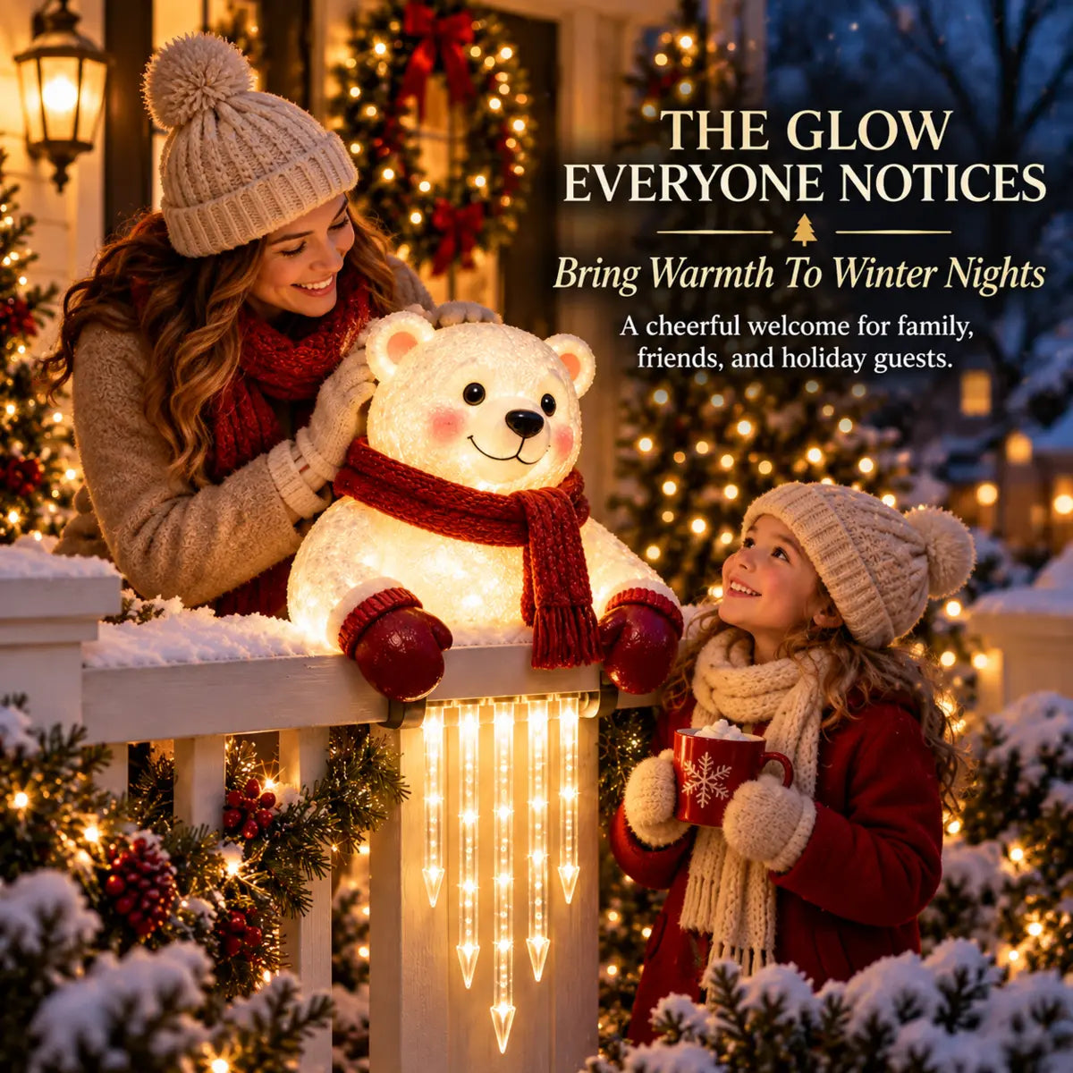 Family enjoying the glowing polar bear decoration on a festive winter porch