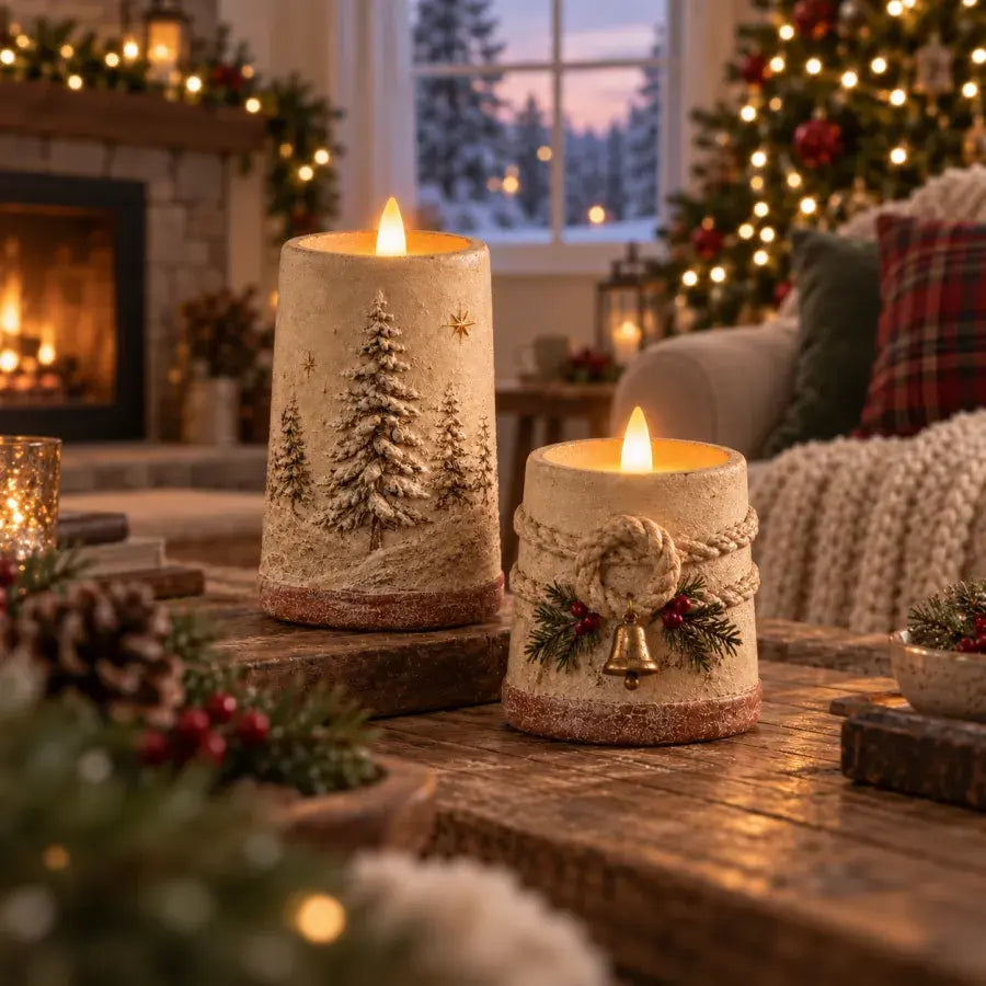 Rustic flameless LED candle set glowing in a cozy Christmas living room