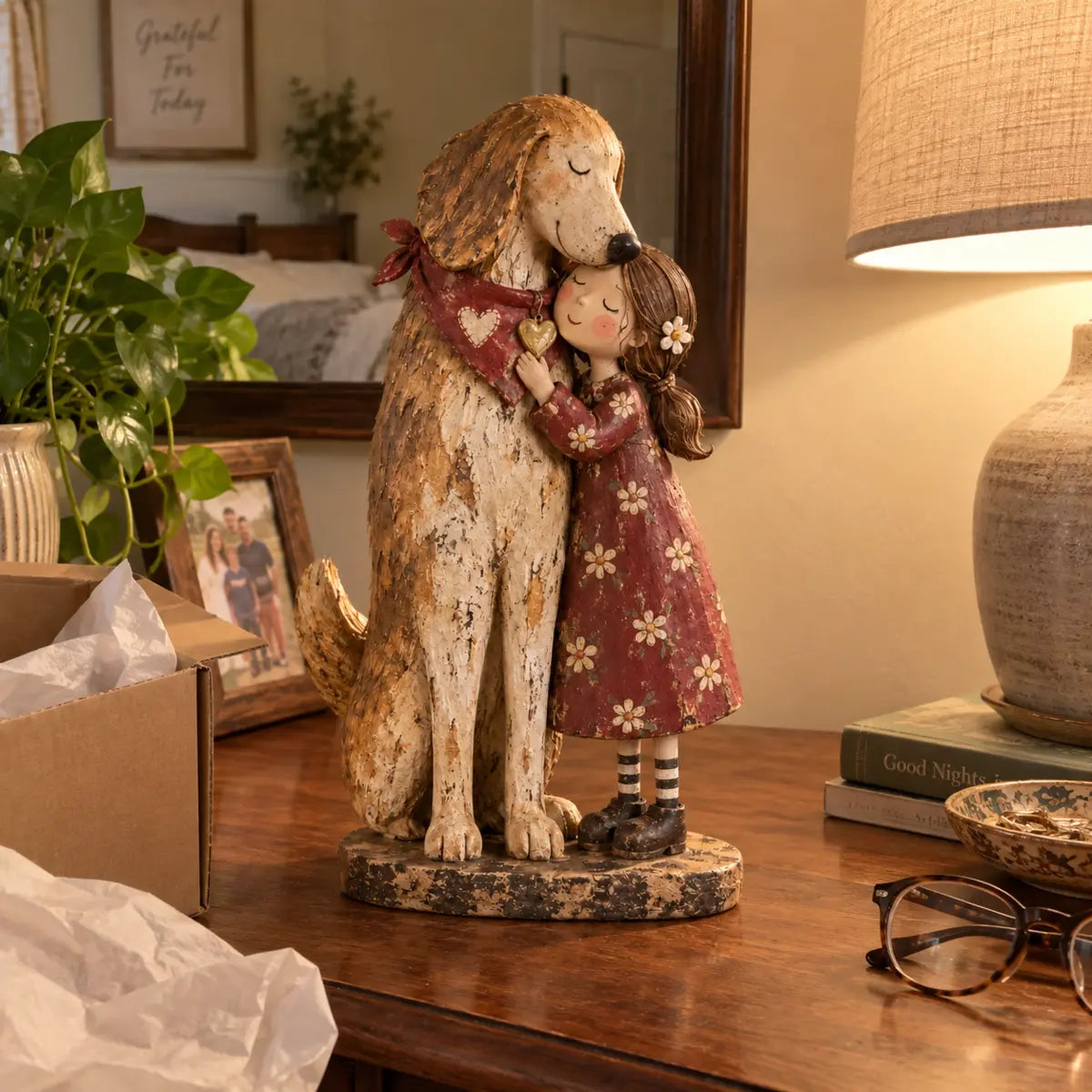 Customer-style photo of figurine displayed beside its shipping box