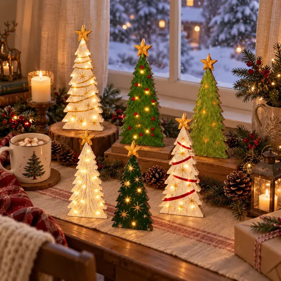 Cozy customer-style winter room with the six glowing wooden Christmas trees