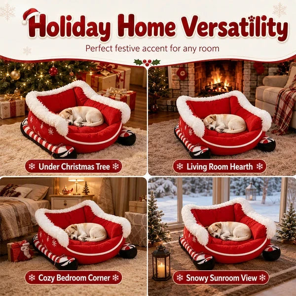 Christmas sleigh pet bed shown in several cozy holiday rooms