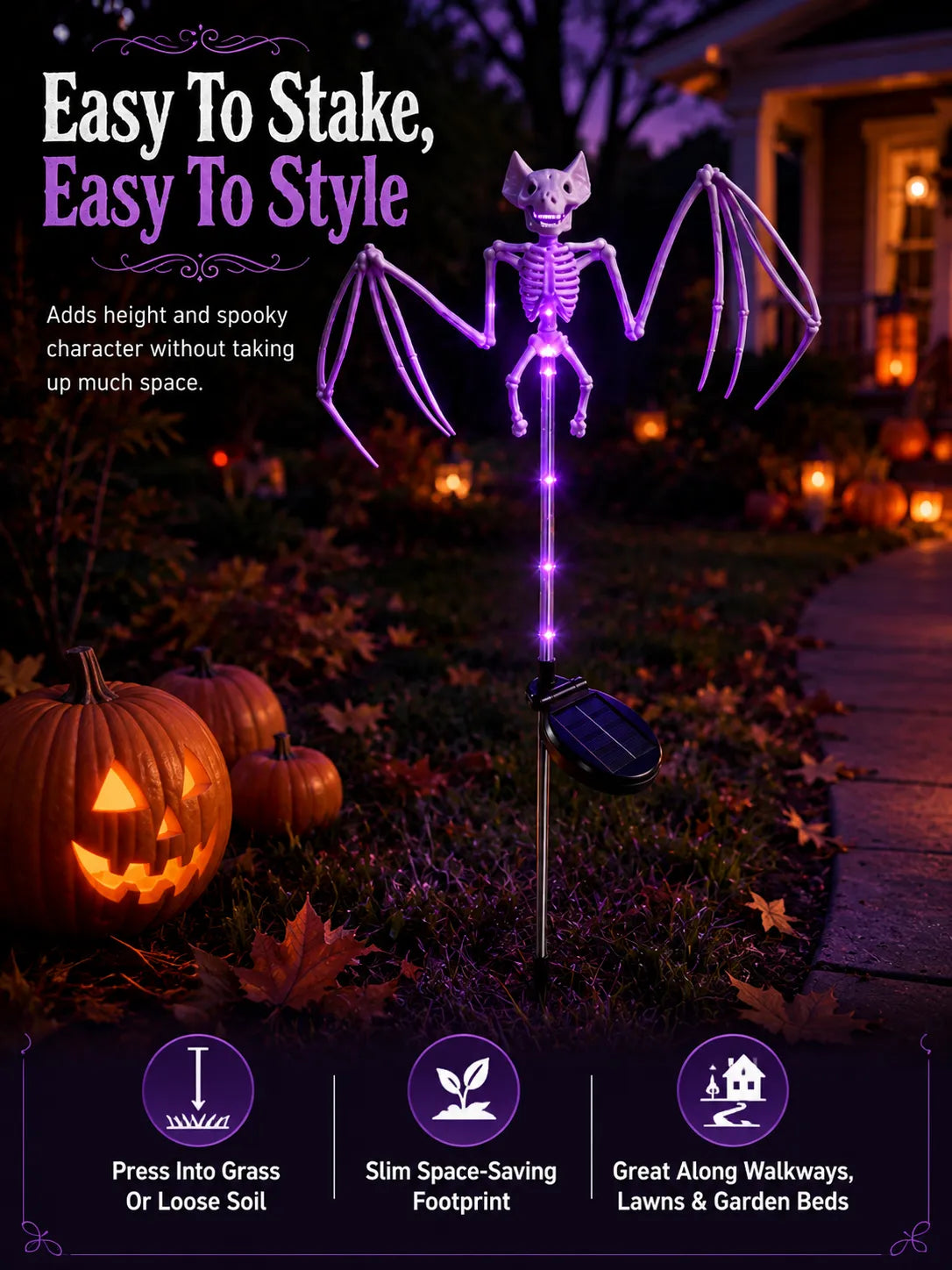 Easy to stake Halloween bat skeleton solar light
