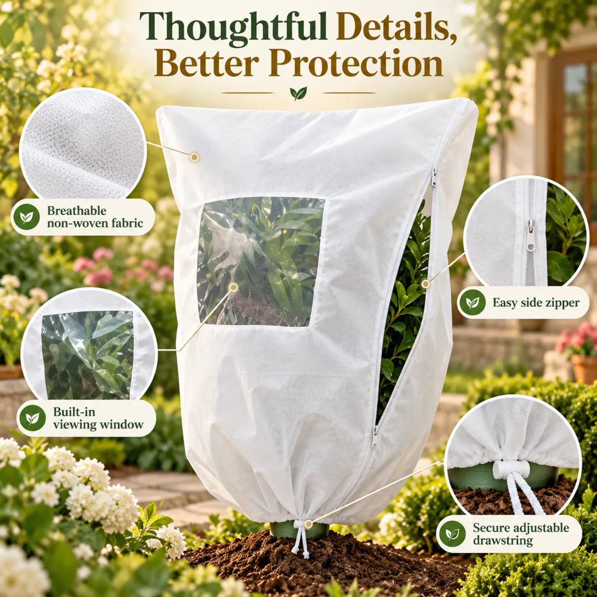 Plant cover showing breathable fabric zipper window and drawstring