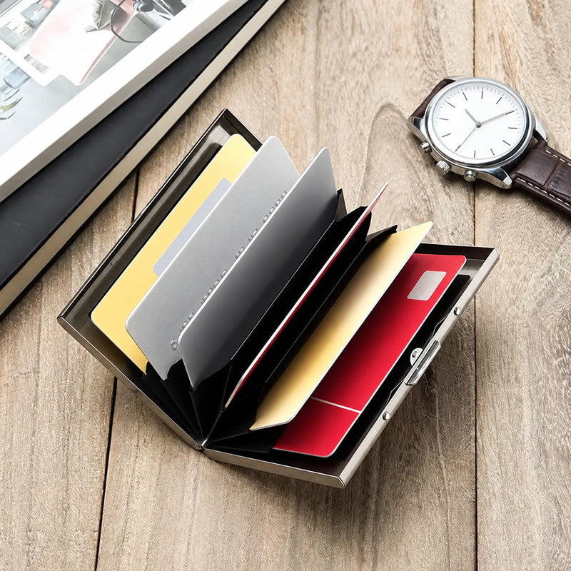 Silver card holder open on a desk
