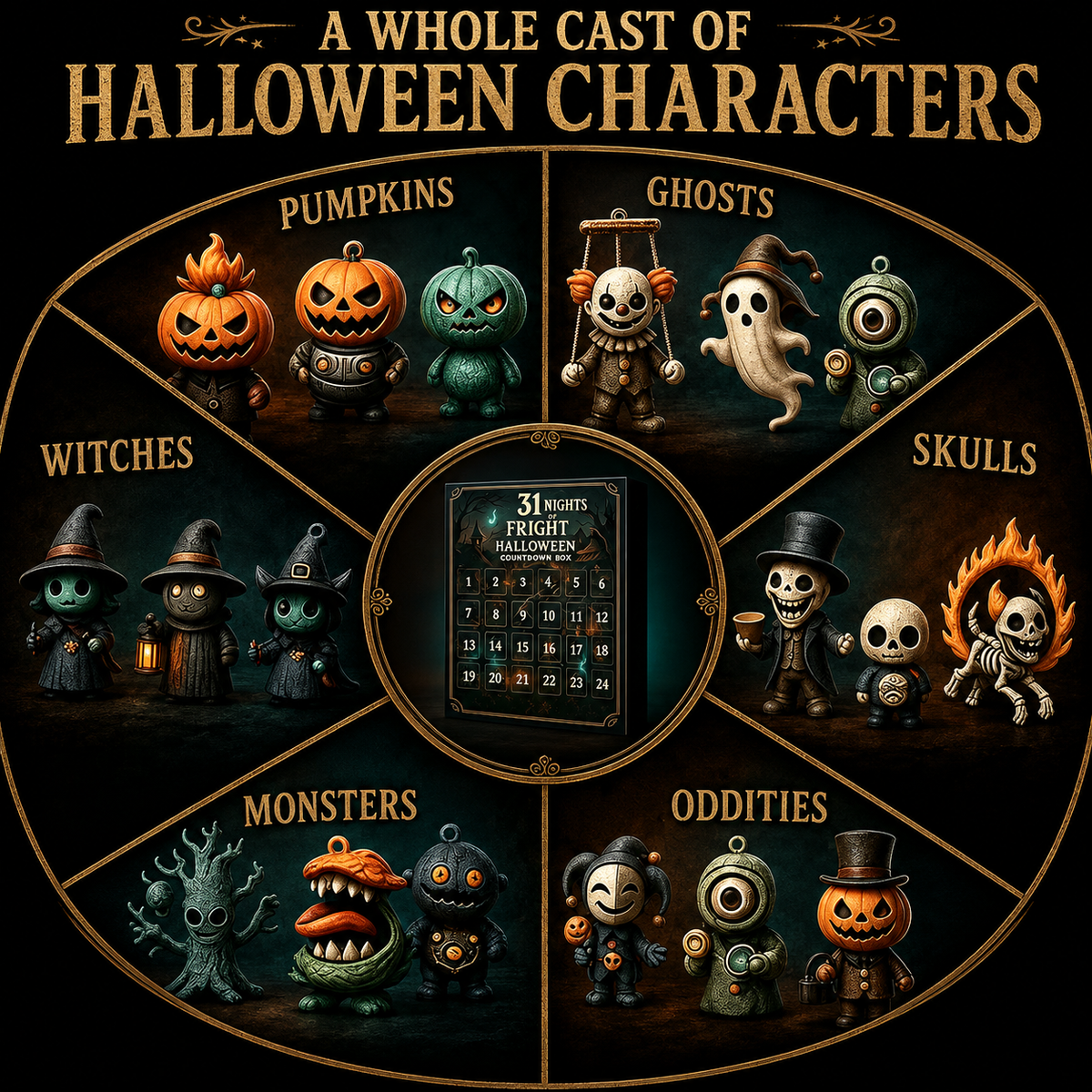 Halloween character collection including pumpkins ghosts witches and monsters