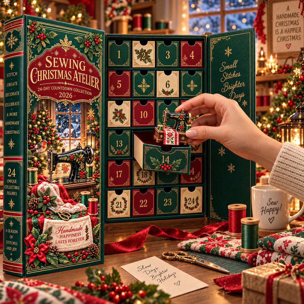 Sewing Christmas Atelier 2026 – 24-Day Countdown Collection with 24 Unique Sewing & Quilting Miniatures, Handmade Holiday Collectible Gift for Sewing Lovers