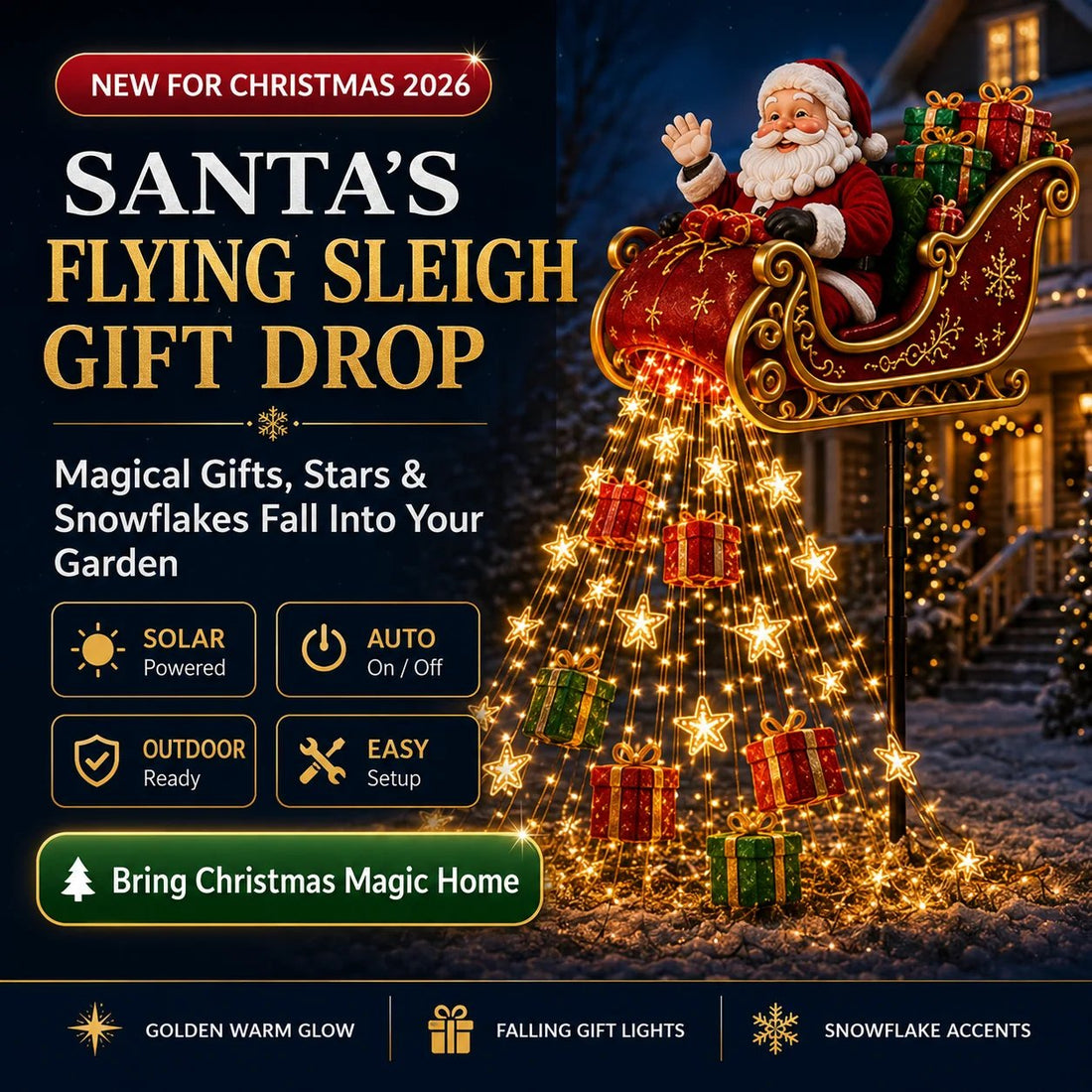 Santa flying sleigh gift cascade garden light
