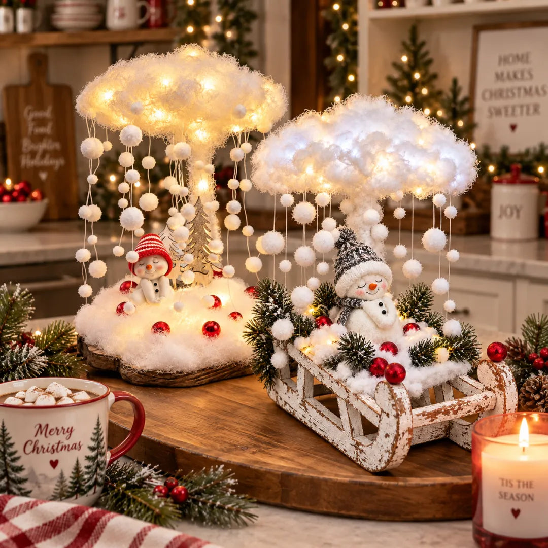Lighted Snowfall Cloud Snowman Scene