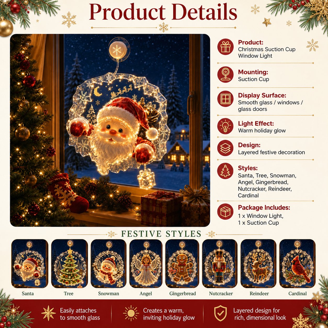 🎄🪟 Festive Glow Window Ornament – Suction-Cup Christmas Light with Layered Holiday Design
