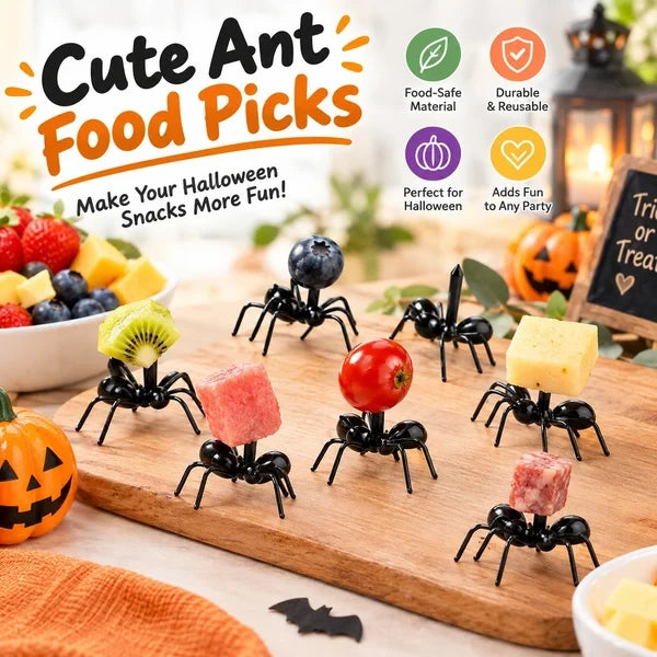 Ant-shaped food picks used in a Halloween snack display