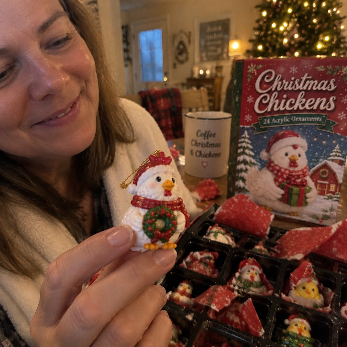 Customer holding a Christmas chicken ornament