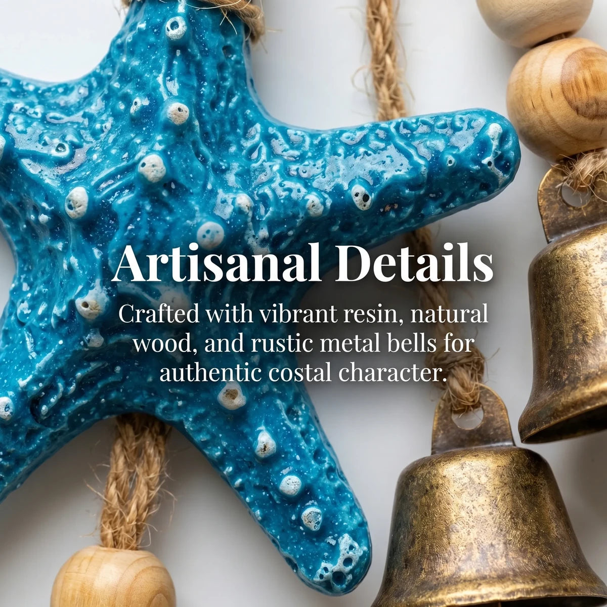 Detailed close-up of blue starfish, wood beads and rustic metal bells